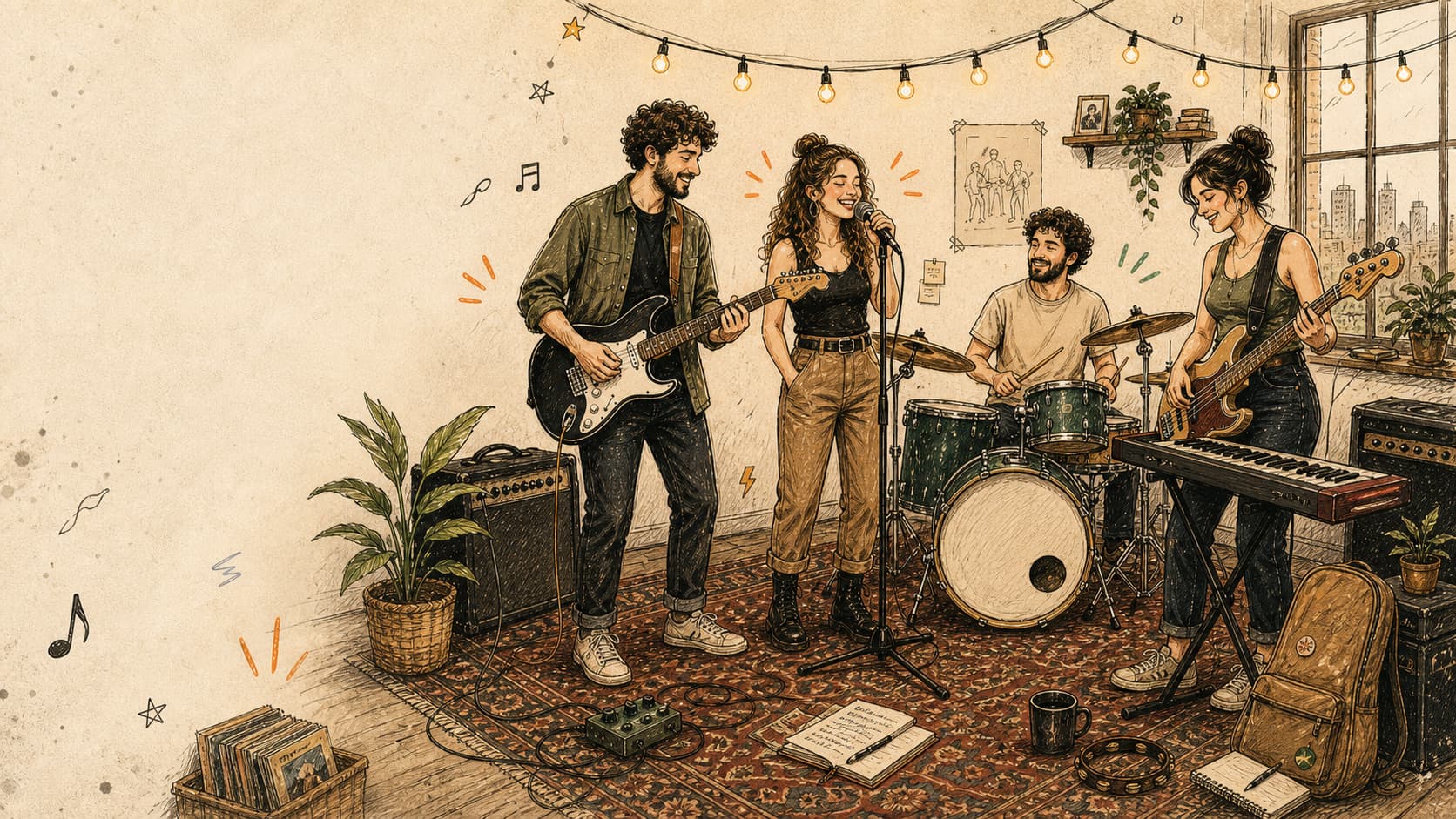 A band rehearsing together in a room strung with warm lights